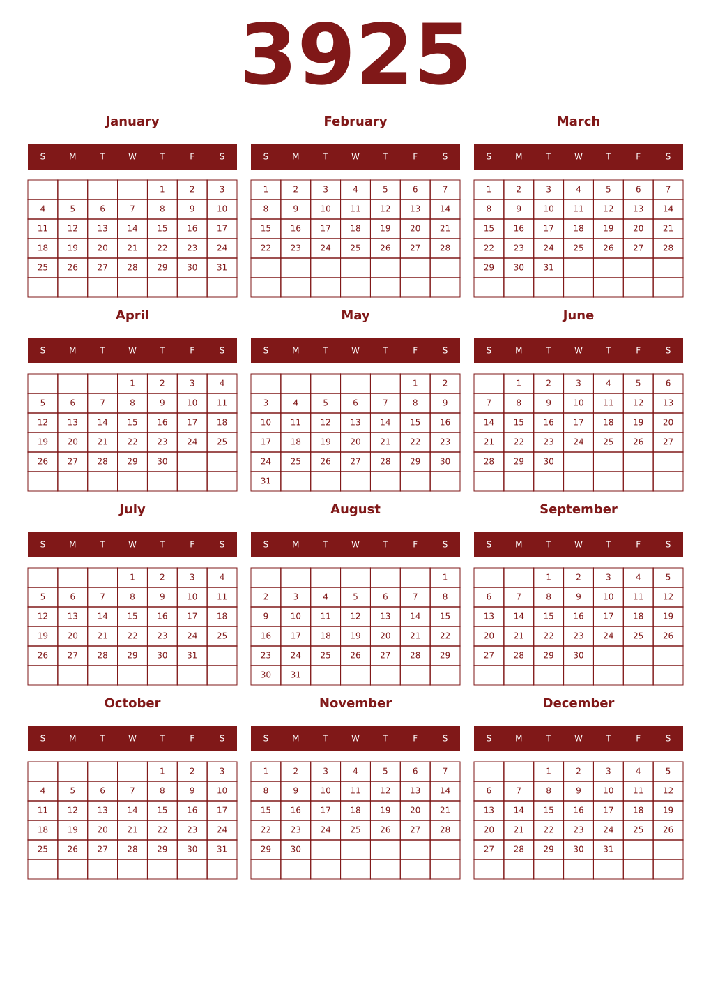 Printable 3925 Year Calendars falu