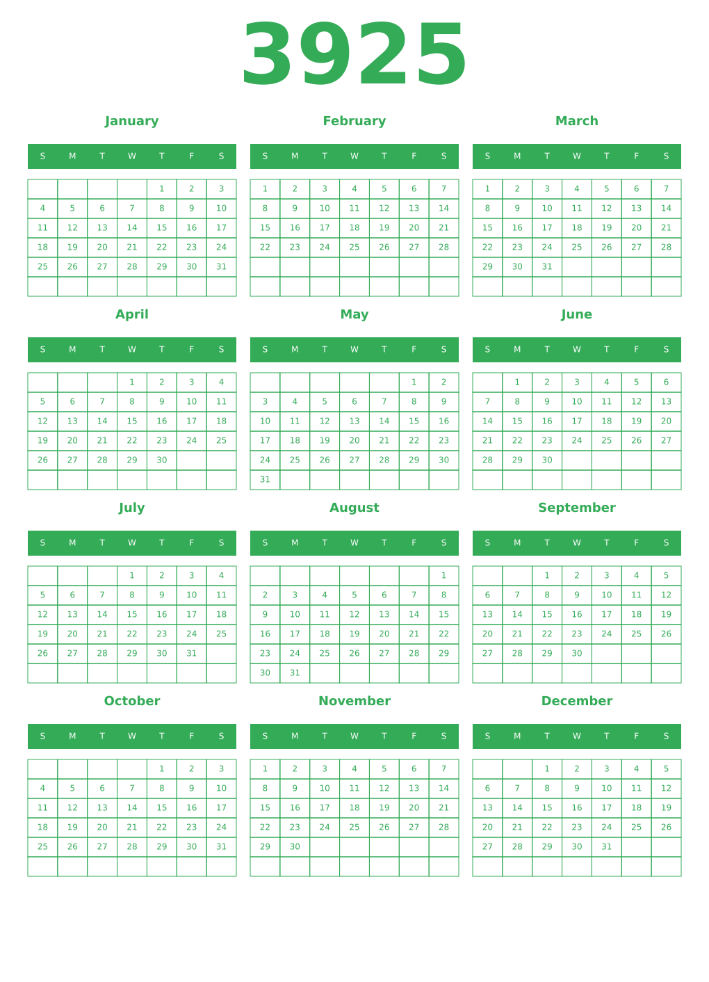 Printable 3925 Year Calendars green