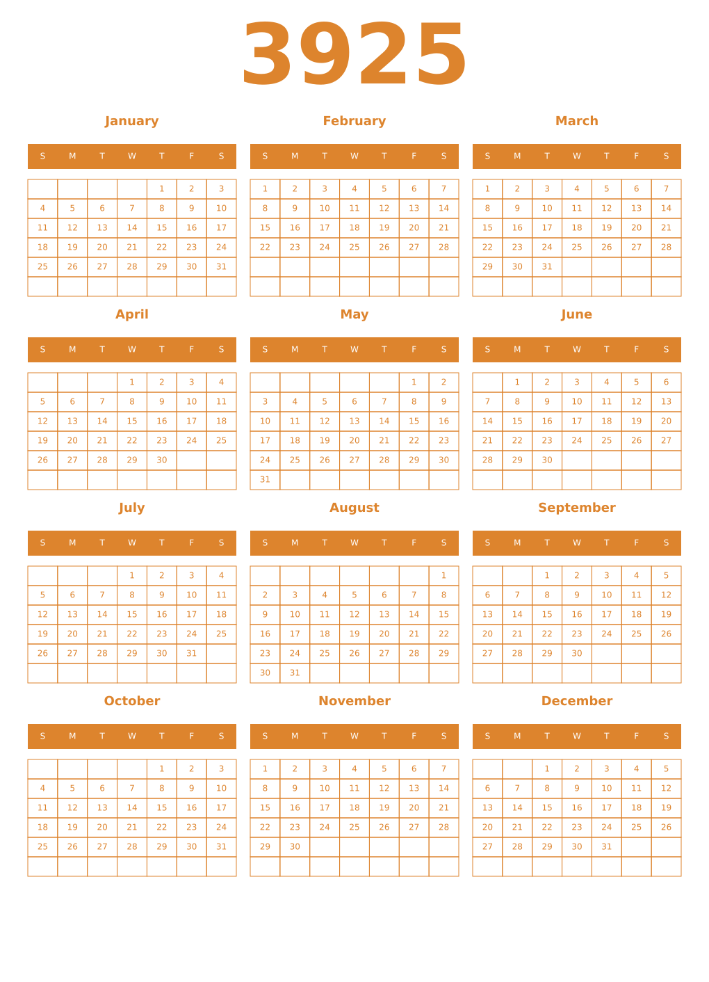 Printable 3925 Year Calendars orange