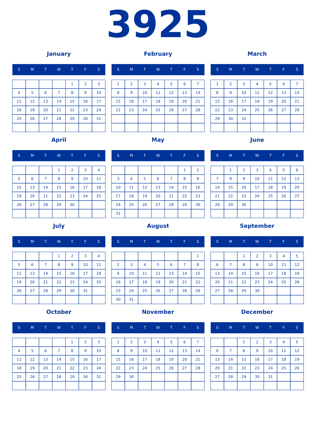 Printable 3925 Year Calendars smalt