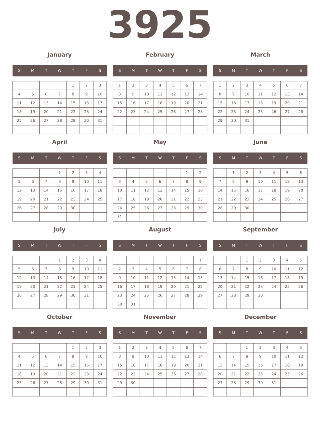 Printable 3925 Year Calendars wenge
