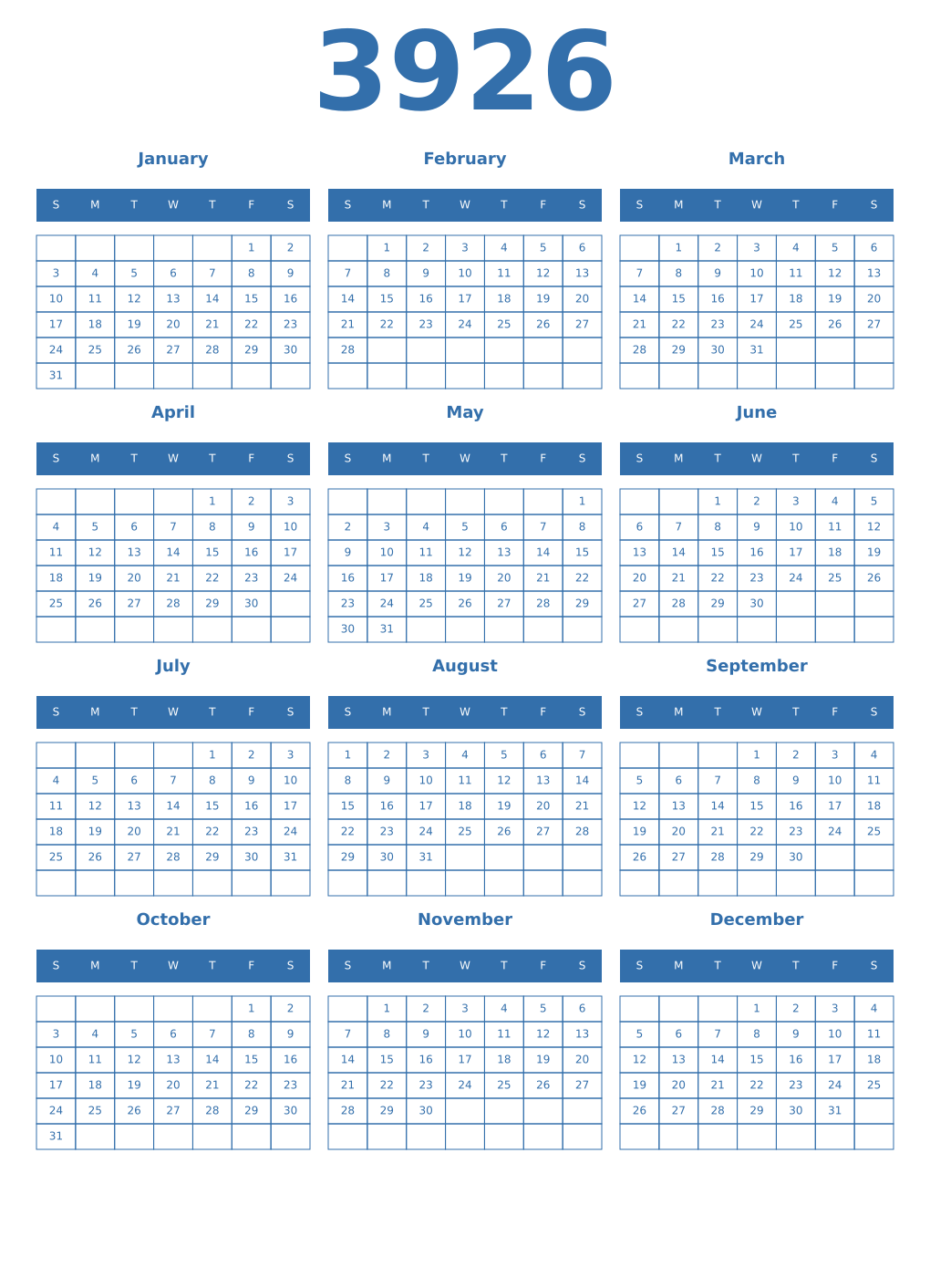 Printable 3926 Year Calendars blue