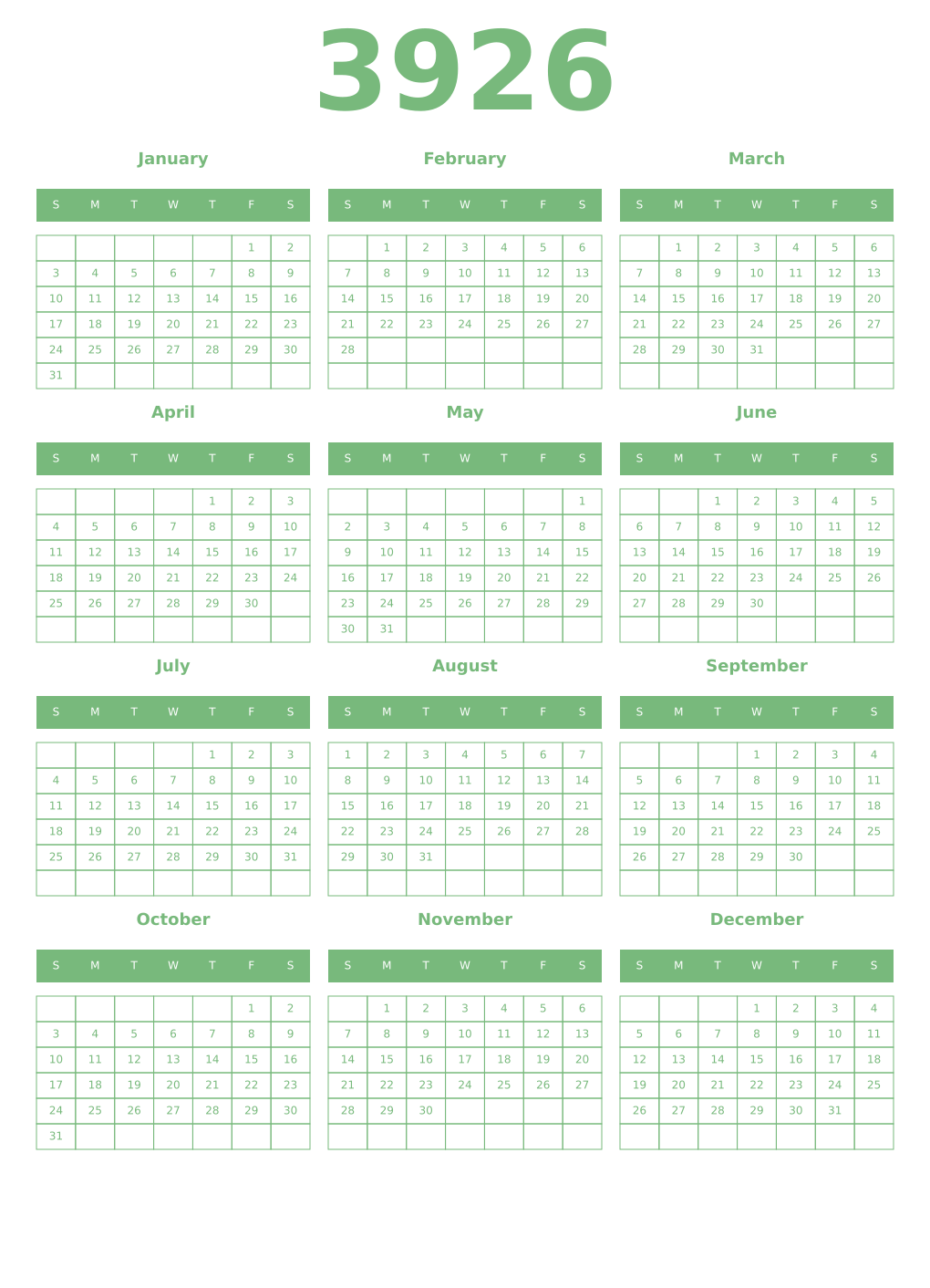 Printable 3926 Year Calendars celadon