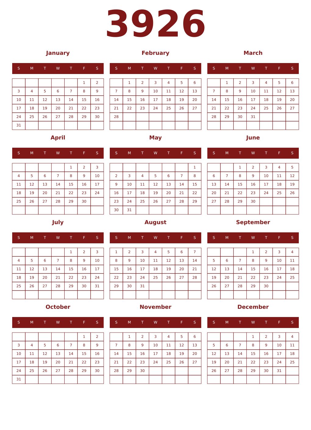 Printable 3926 Year Calendars falu