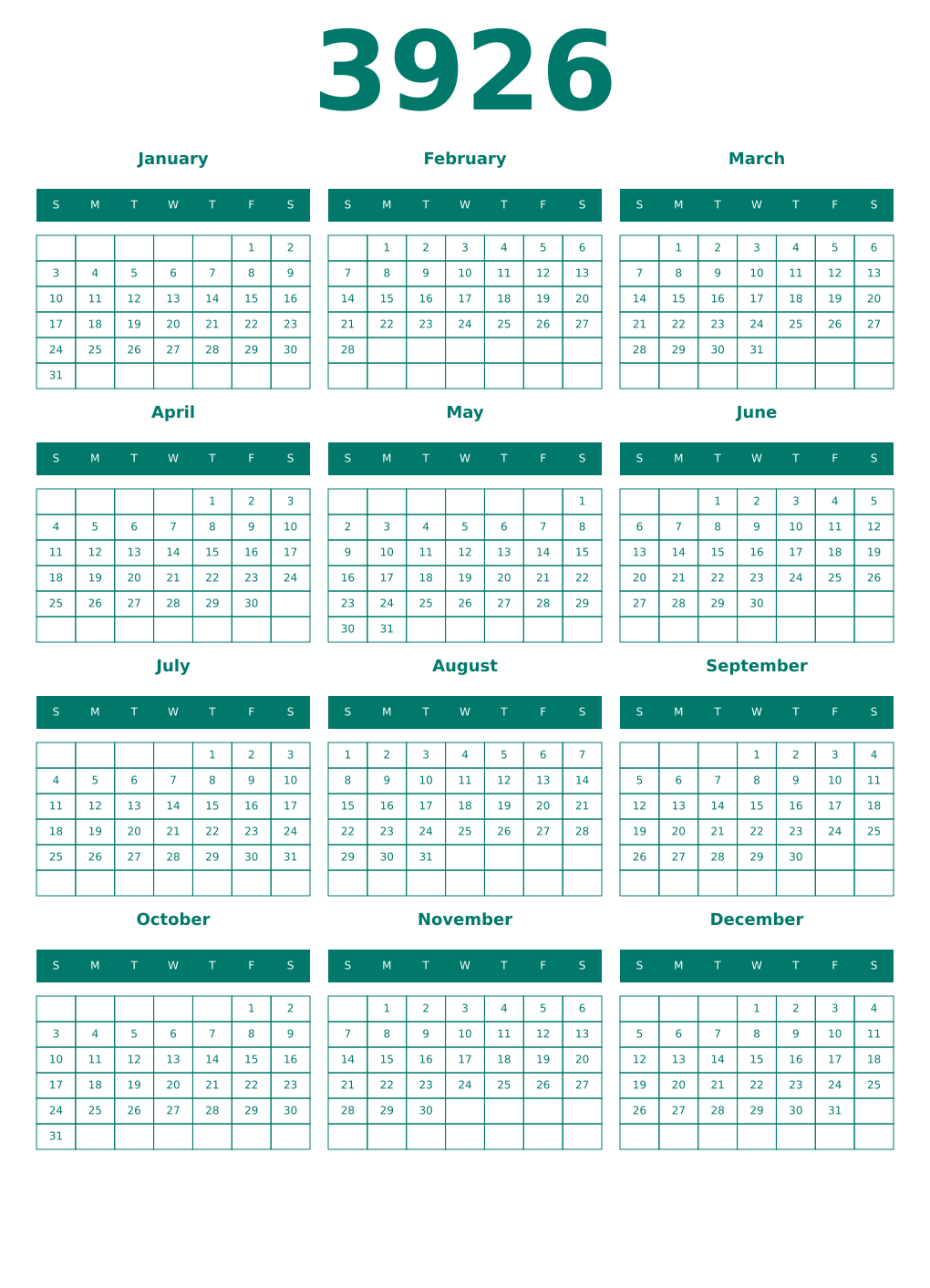 Printable 3926 Year Calendars pastel