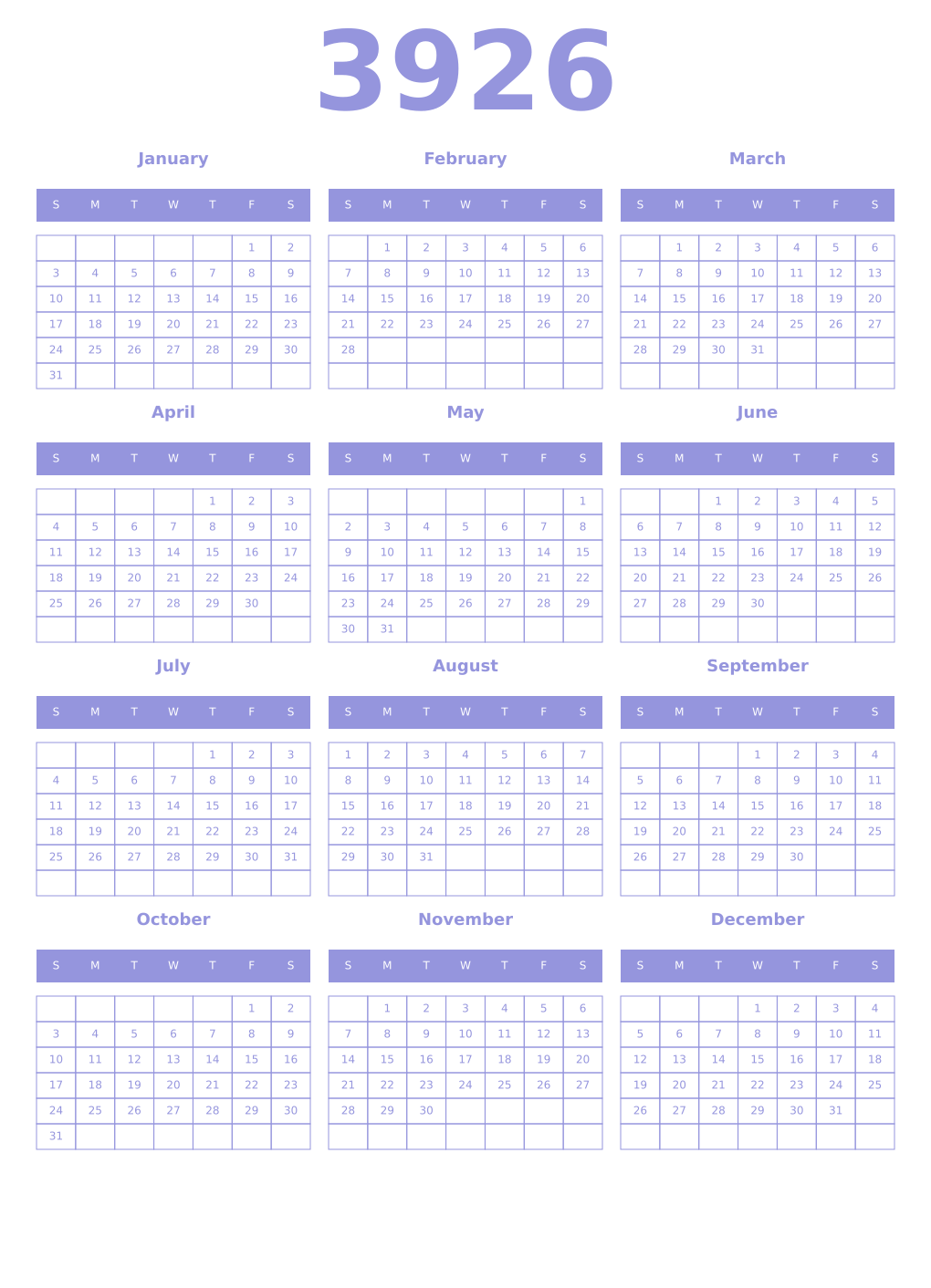 Printable 3926 Year Calendars periwinkle