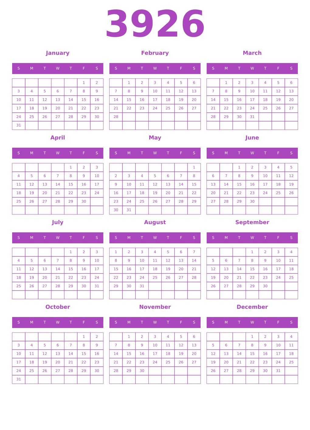 Printable 3926 Year Calendars purple