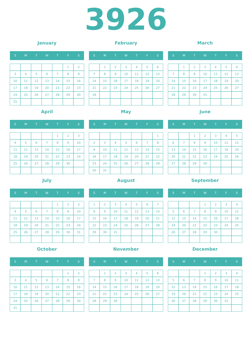 Printable 3926 Year Calendars verdigris