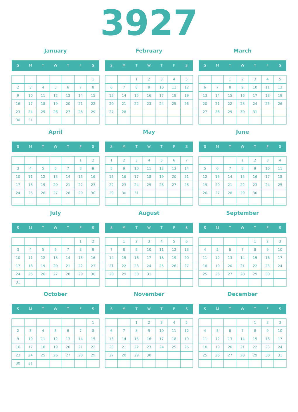 Printable 3927 Year Calendars verdigris