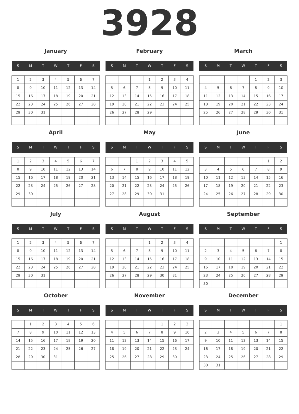 Printable 3928 Year Calendars dark