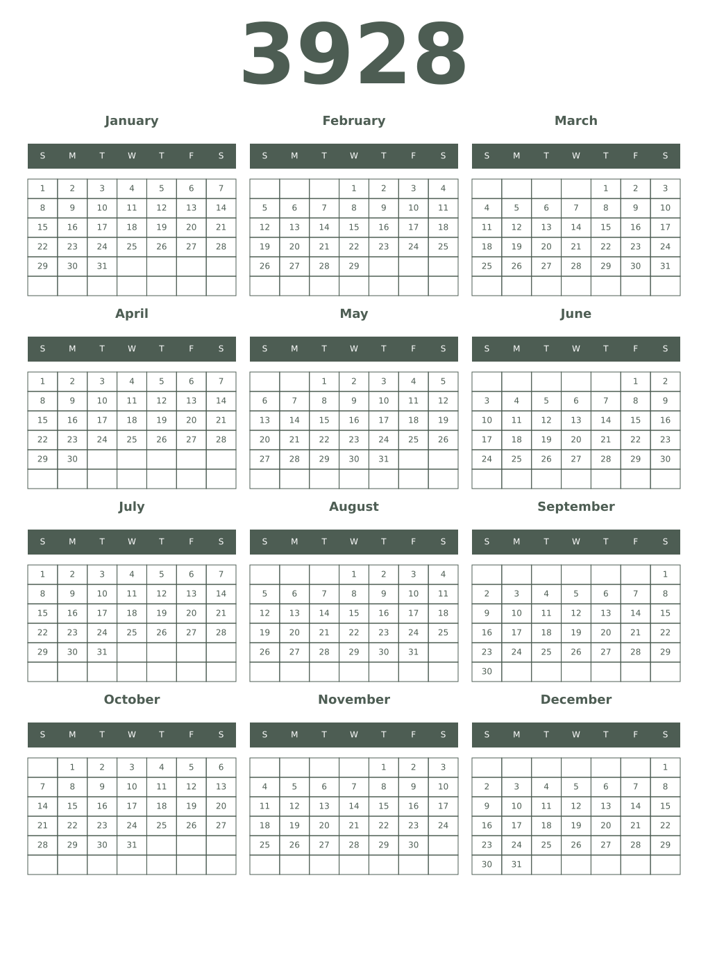 Printable 3928 Year Calendars feldgrau