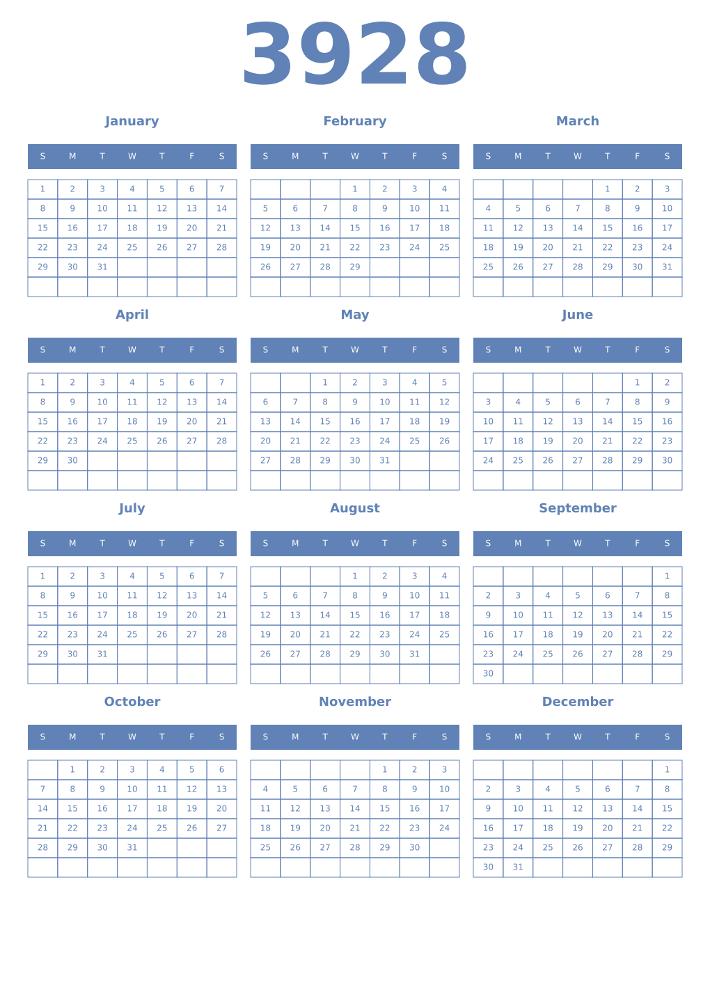 Printable 3928 Year Calendars glaucous