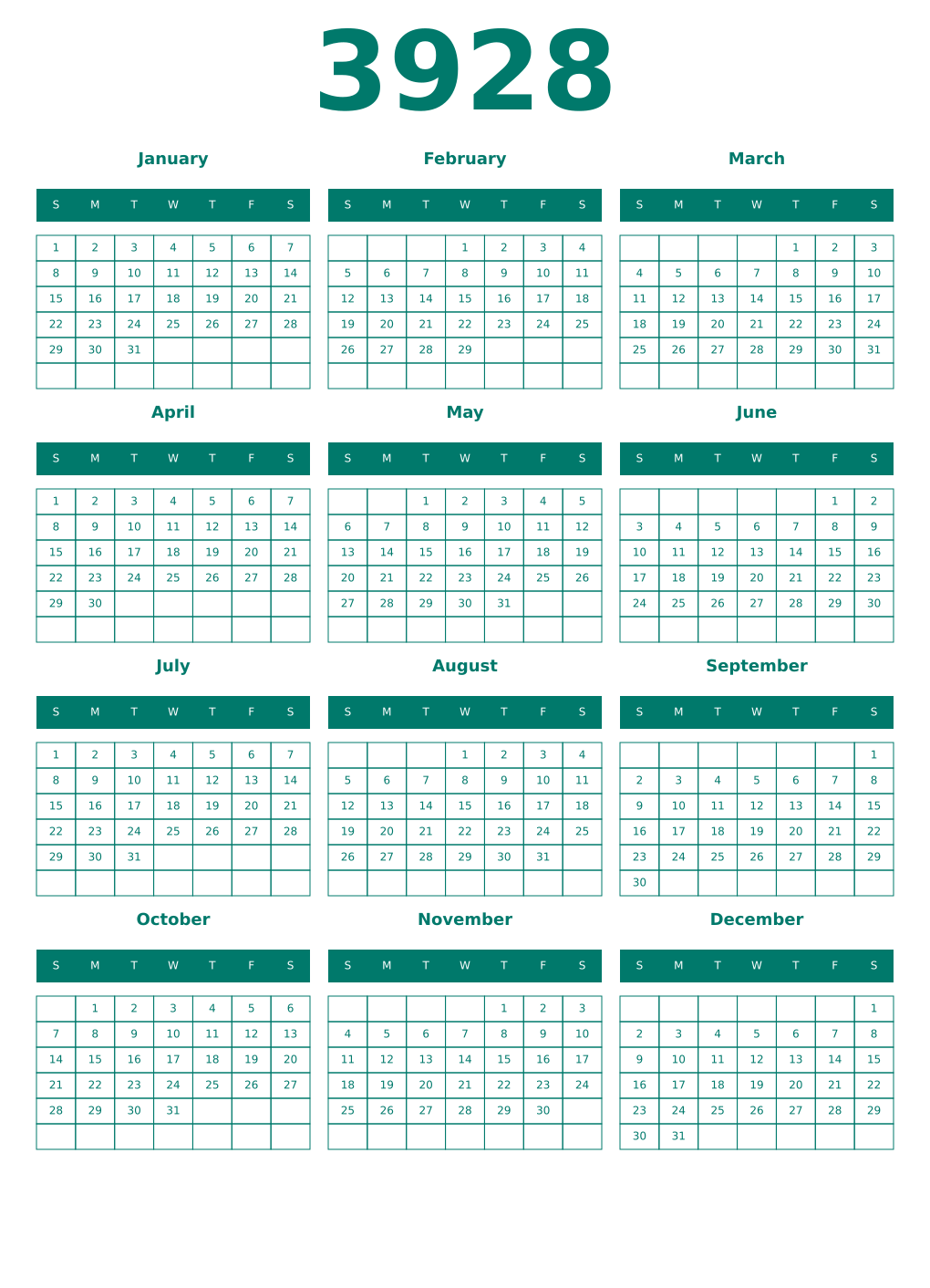 Printable 3928 Year Calendars pastel