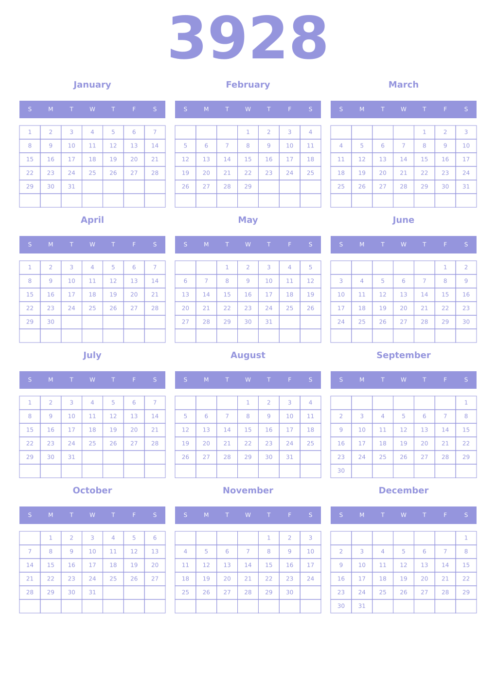Printable 3928 Year Calendars periwinkle