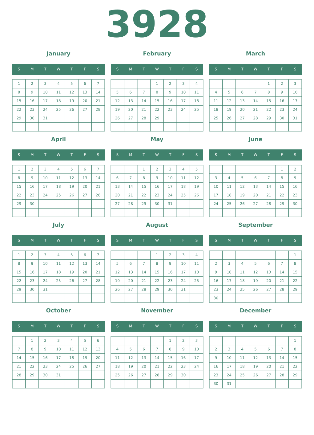Printable 3928 Year Calendars viridian