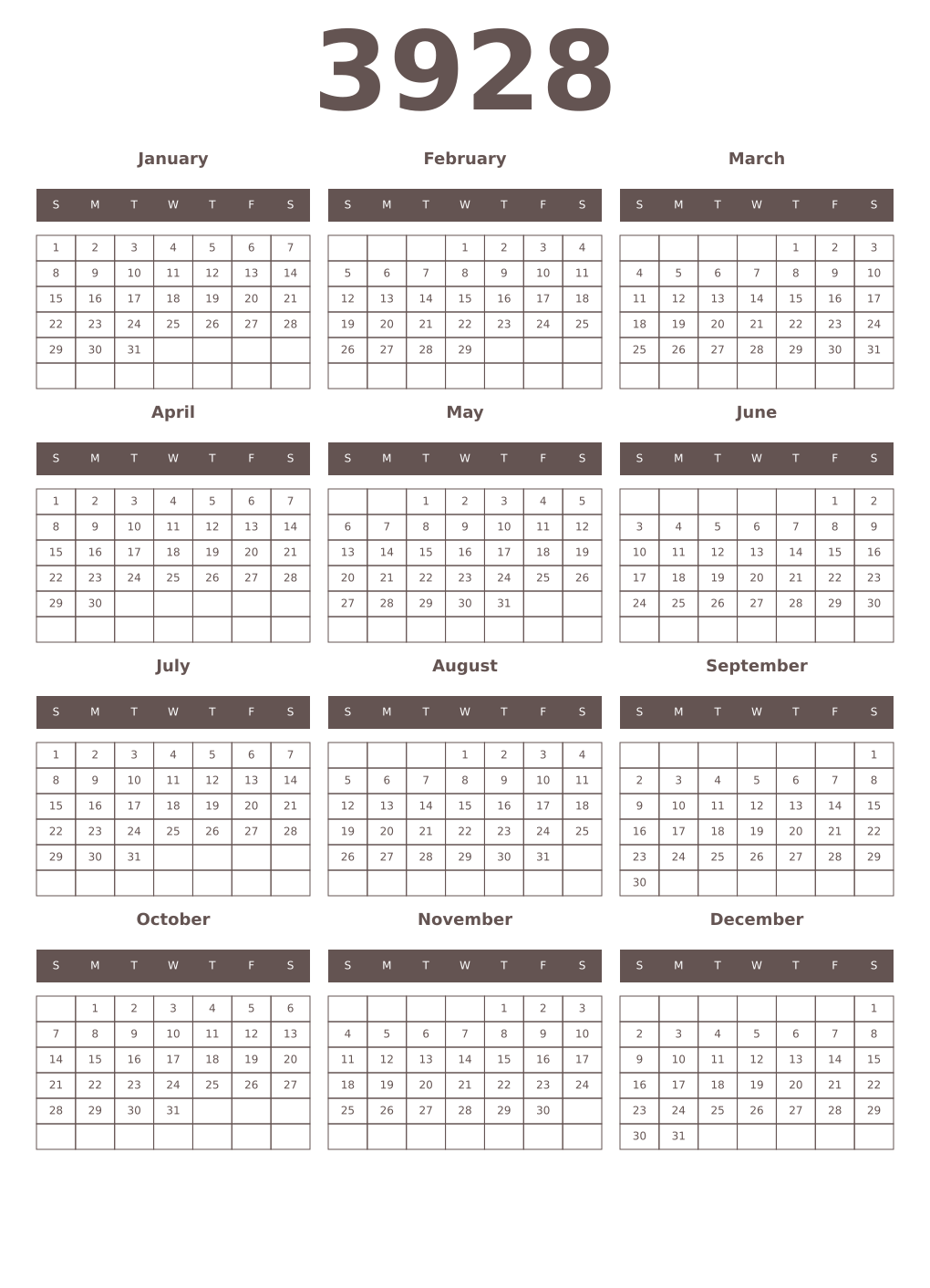 Printable 3928 Year Calendars wenge