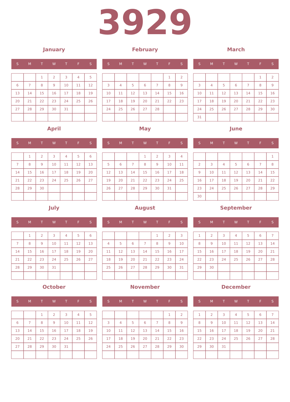 Printable 3929 Year Calendars puce