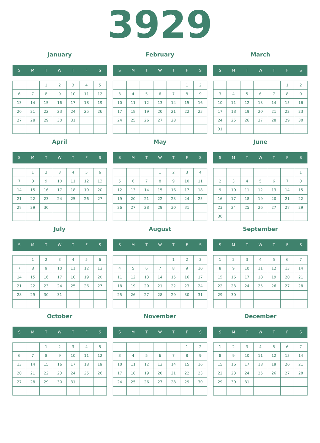 Printable 3929 Year Calendars viridian