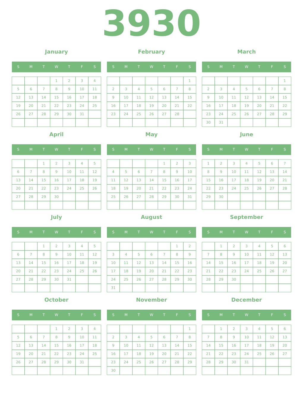 Printable 3930 Year Calendars celadon