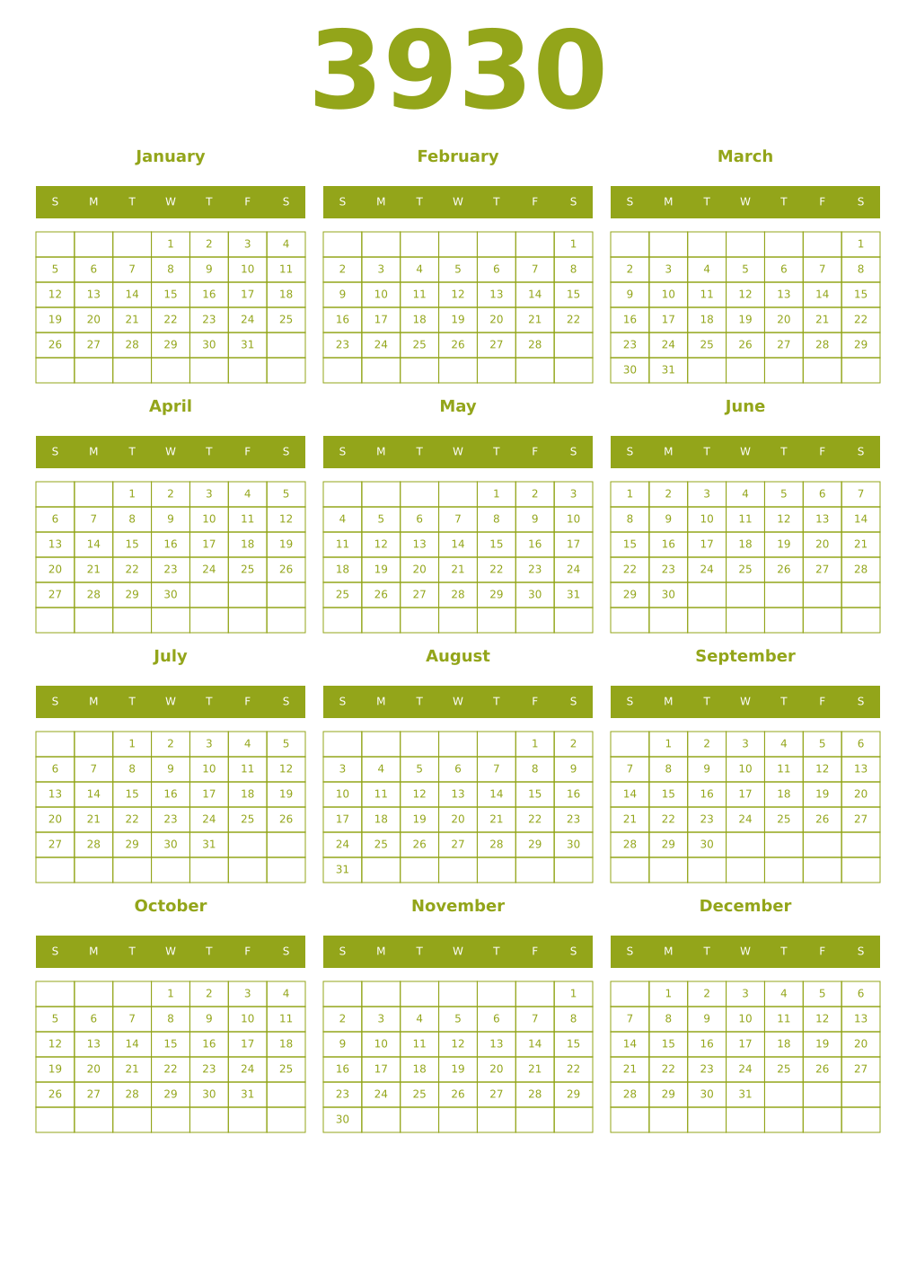 Printable 3930 Year Calendars chartreuse