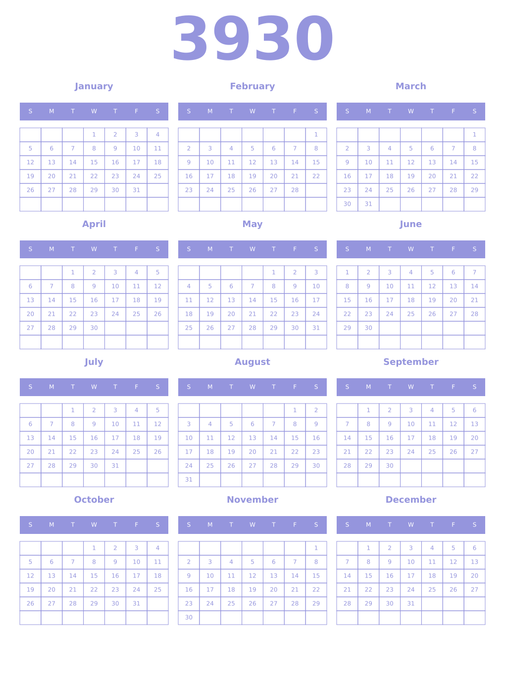 Printable 3930 Year Calendars periwinkle