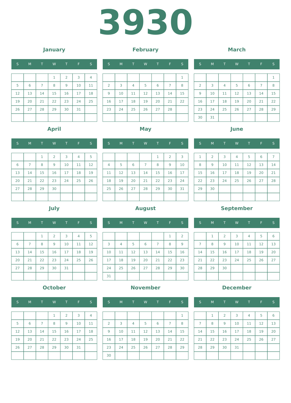 Printable 3930 Year Calendars viridian
