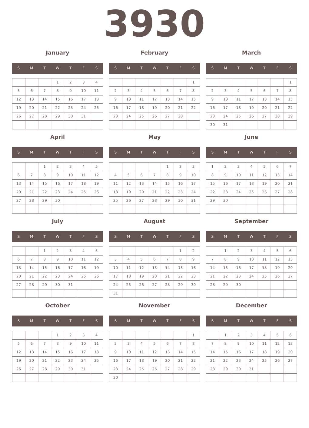 Printable 3930 Year Calendars wenge