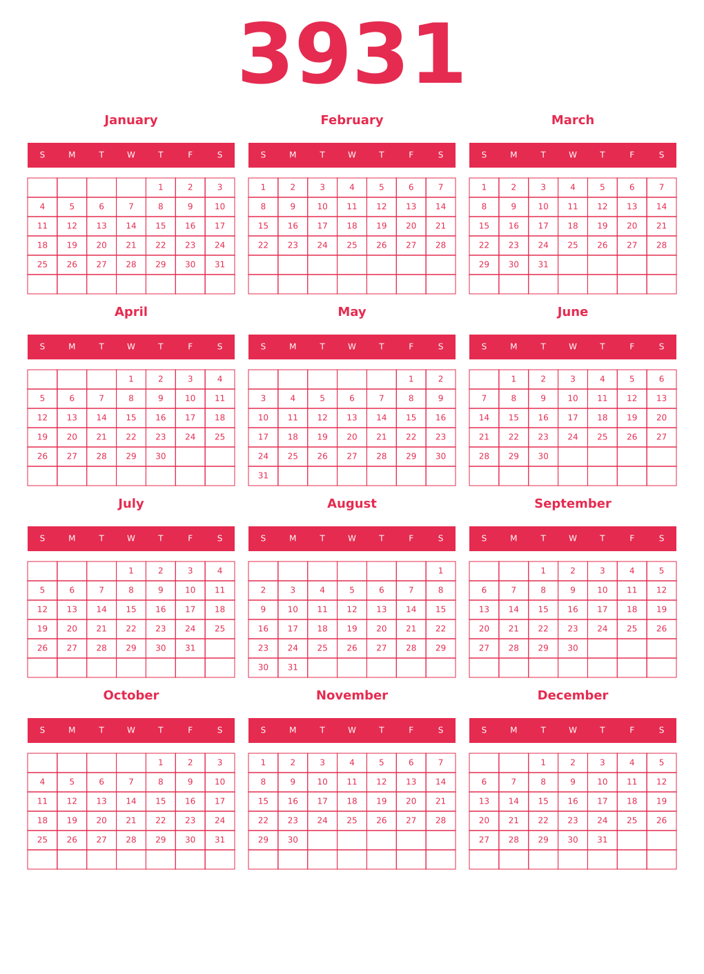Printable 3931 Year Calendars amaranth