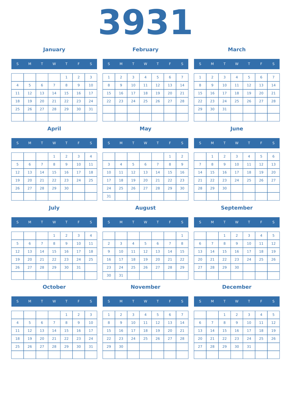 Printable 3931 Year Calendars blue