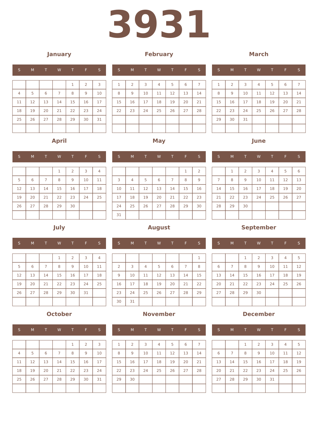 Printable 3931 Year Calendars coffe