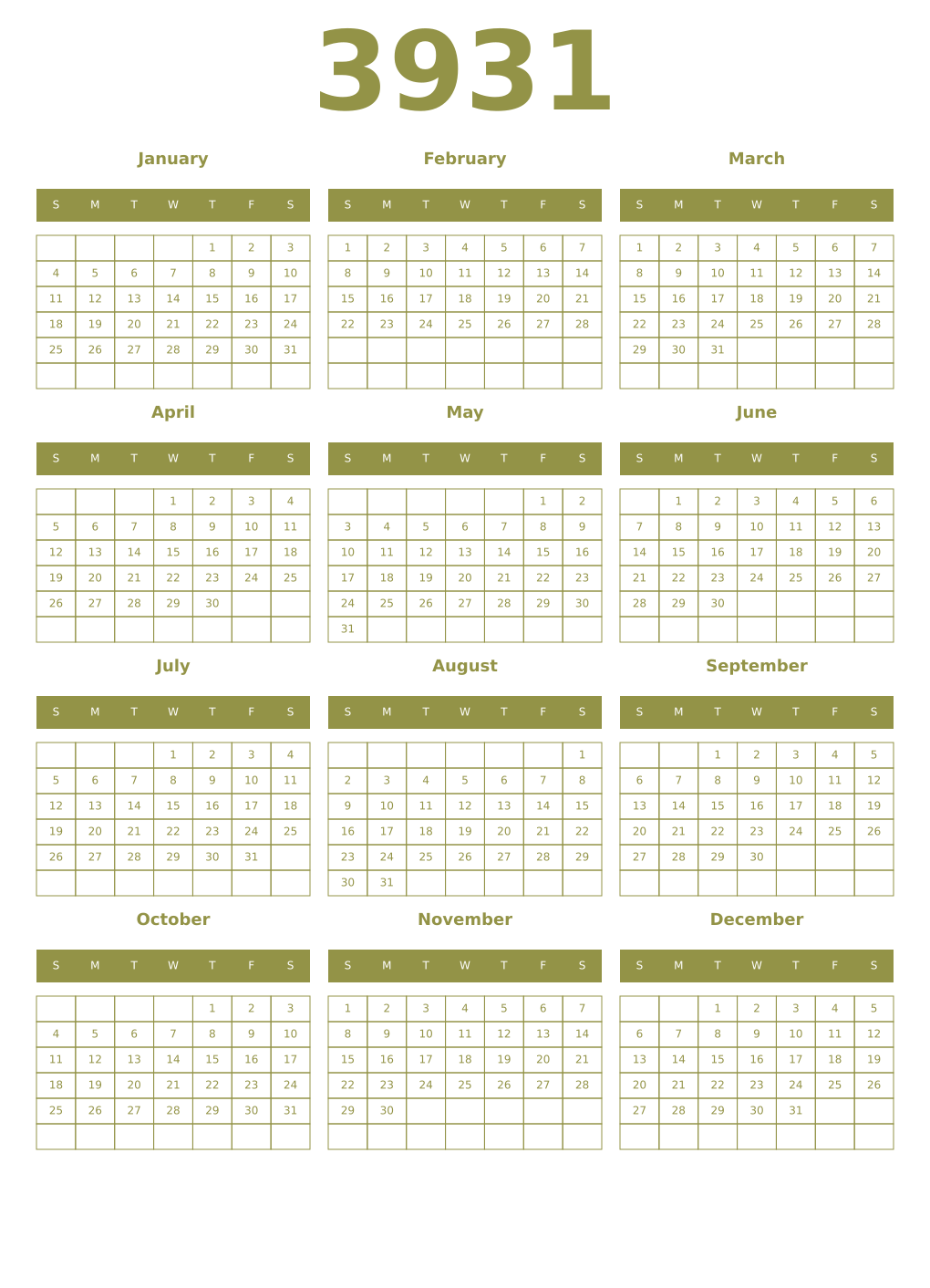 Printable 3931 Year Calendars eburnean