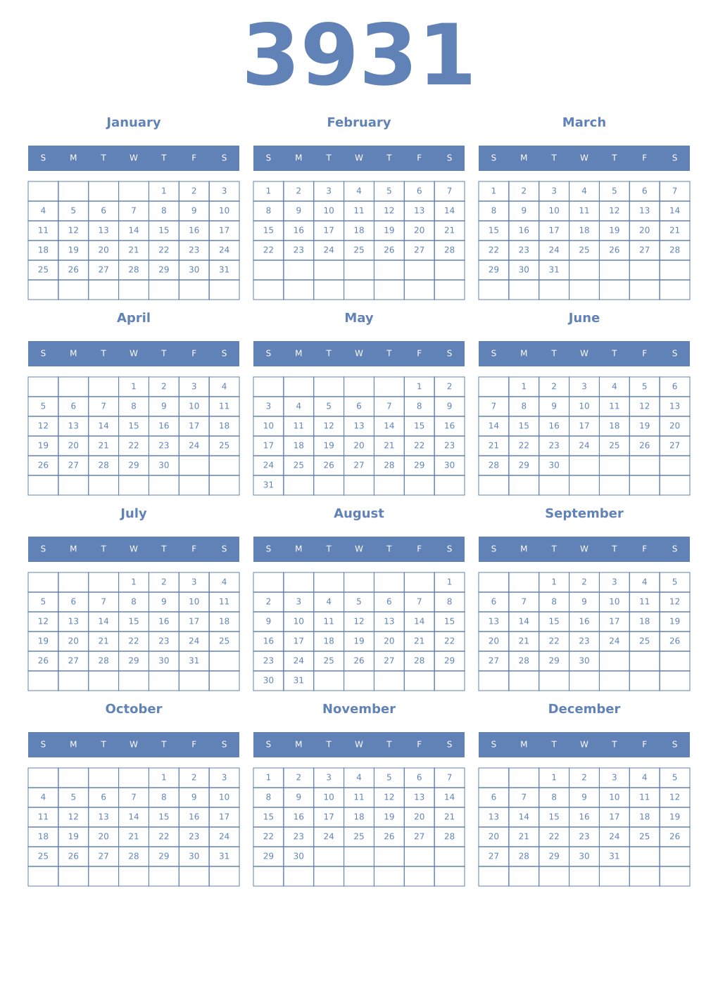 Printable 3931 Year Calendars glaucous