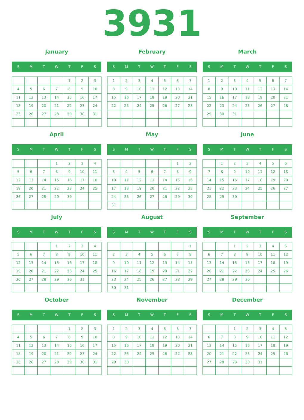 Printable 3931 Year Calendars green