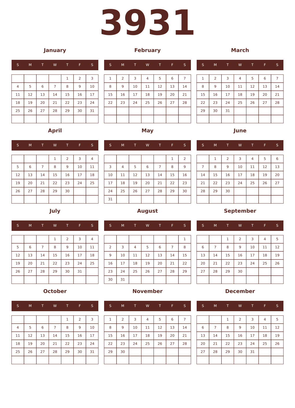 Printable 3931 Year Calendars mortuum