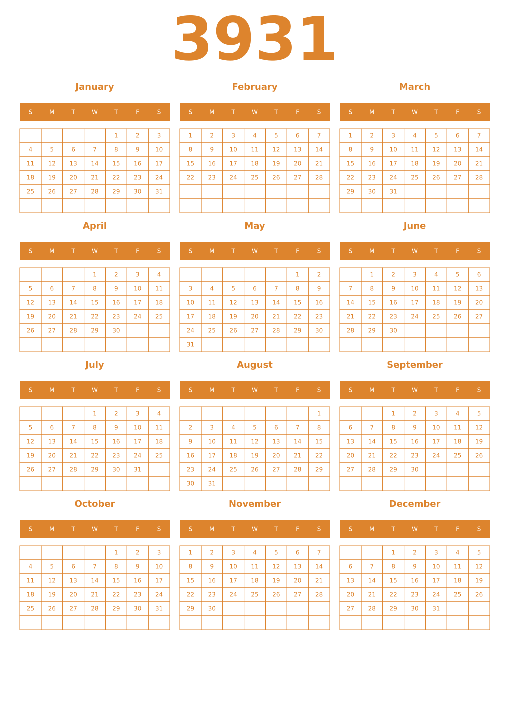 Printable 3931 Year Calendars orange