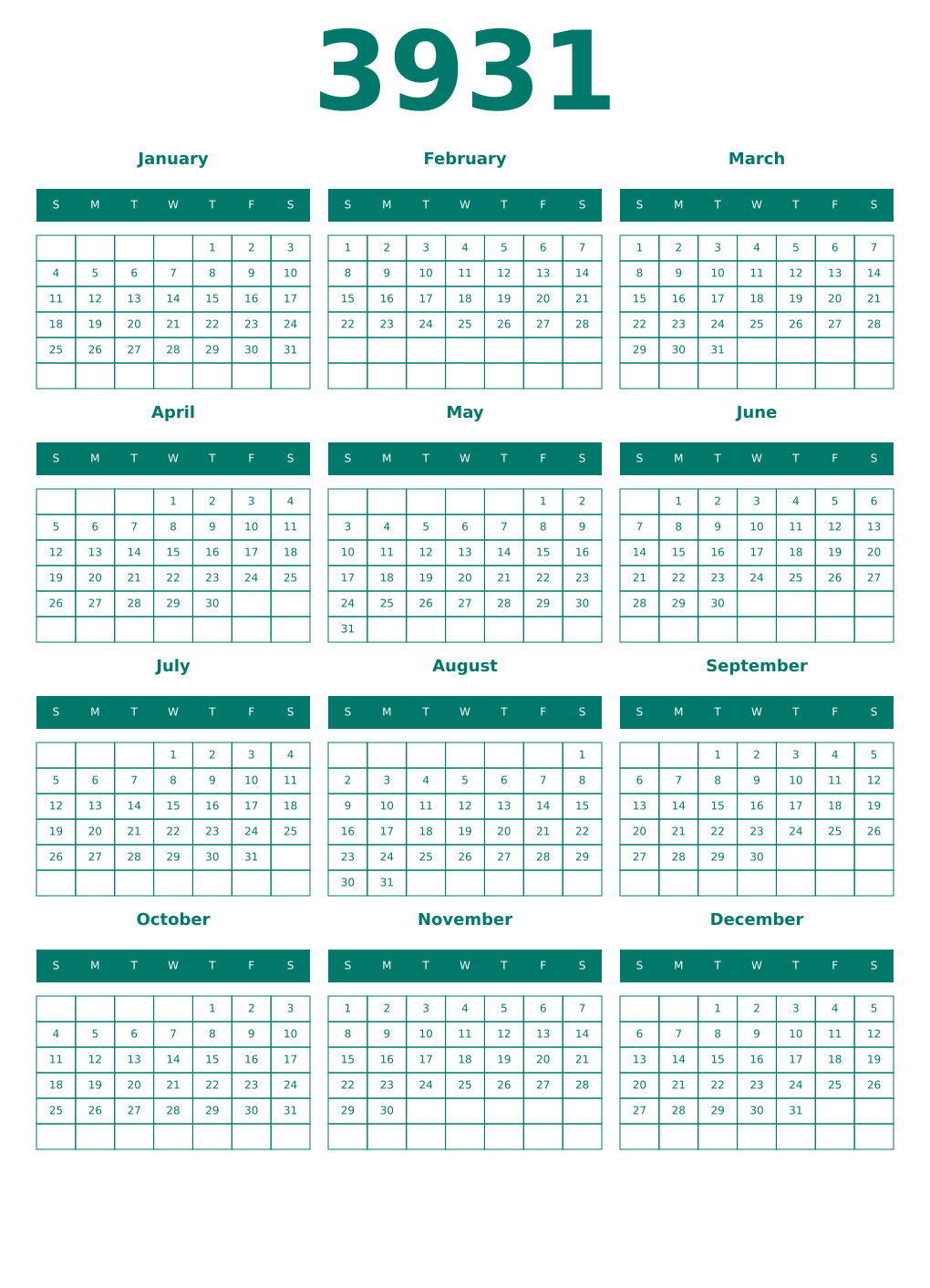 Printable 3931 Year Calendars pastel