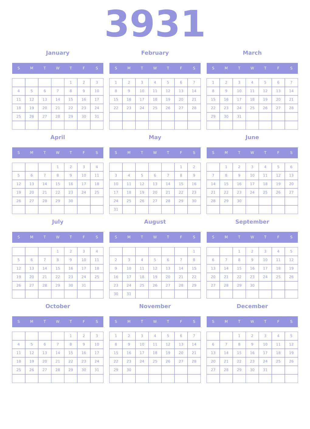 Printable 3931 Year Calendars periwinkle