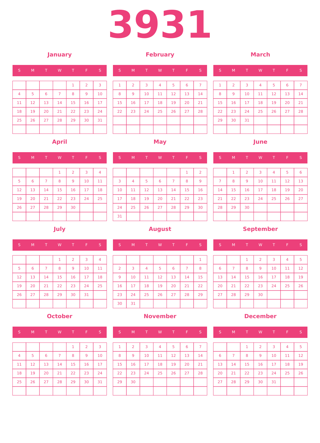 Printable 3931 Year Calendars pink