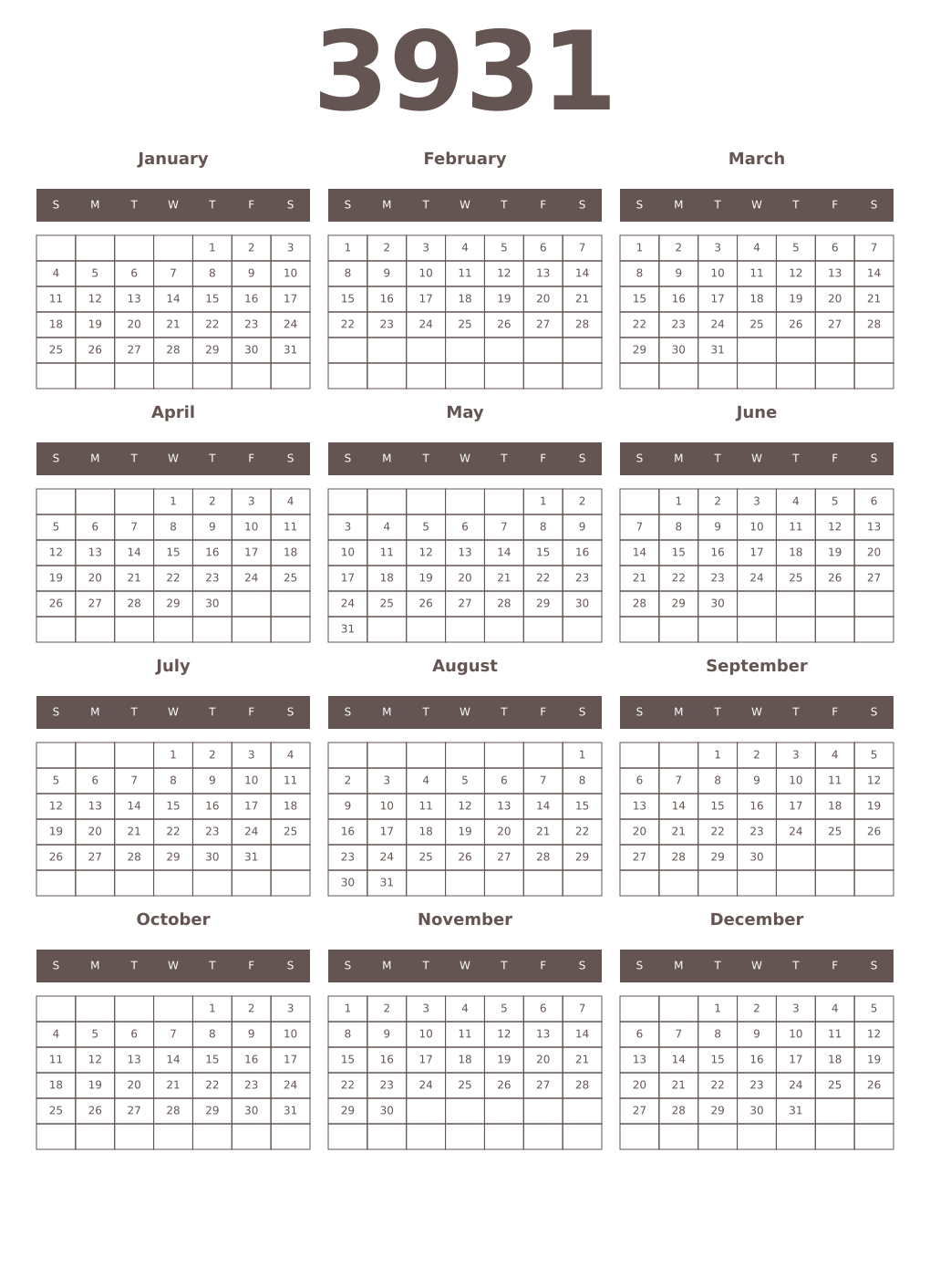 Printable 3931 Year Calendars wenge