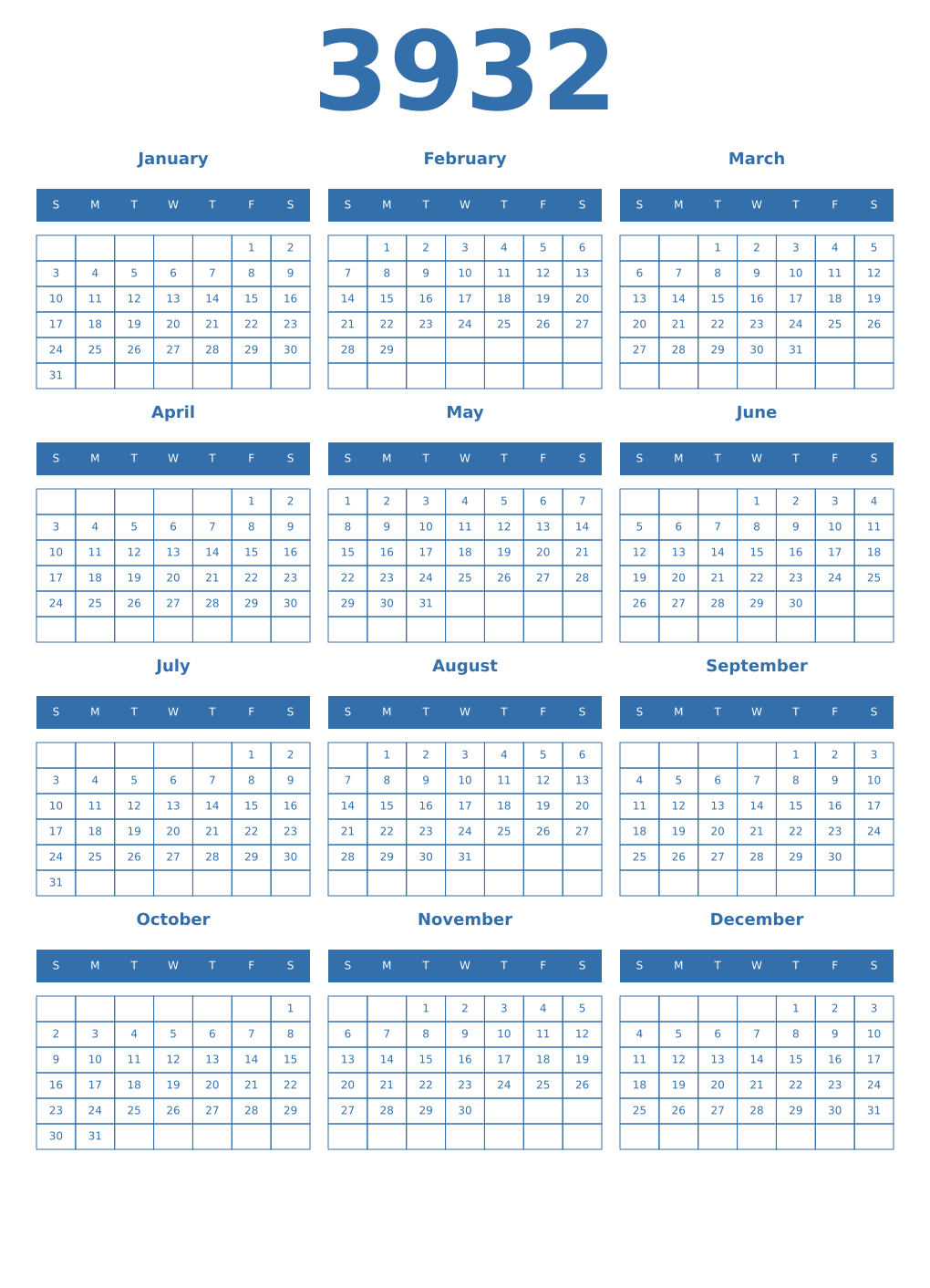Printable 3932 Year Calendars blue