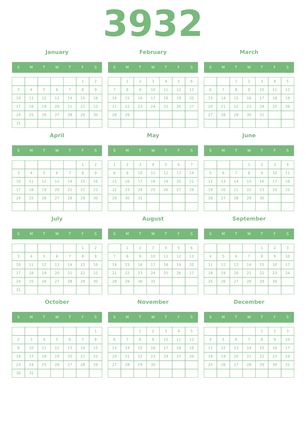 Printable 3932 Year Calendars celadon