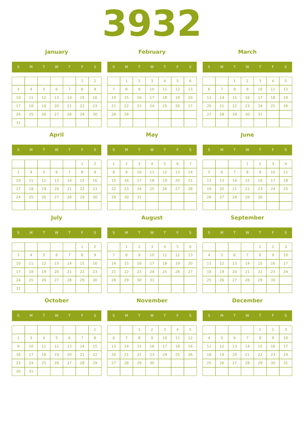 Printable 3932 Year Calendars chartreuse