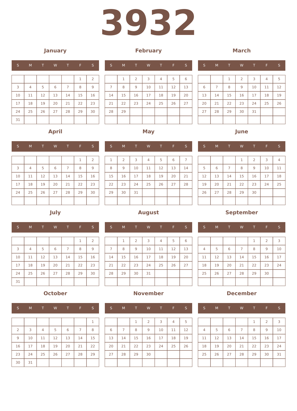 Printable 3932 Year Calendars coffe
