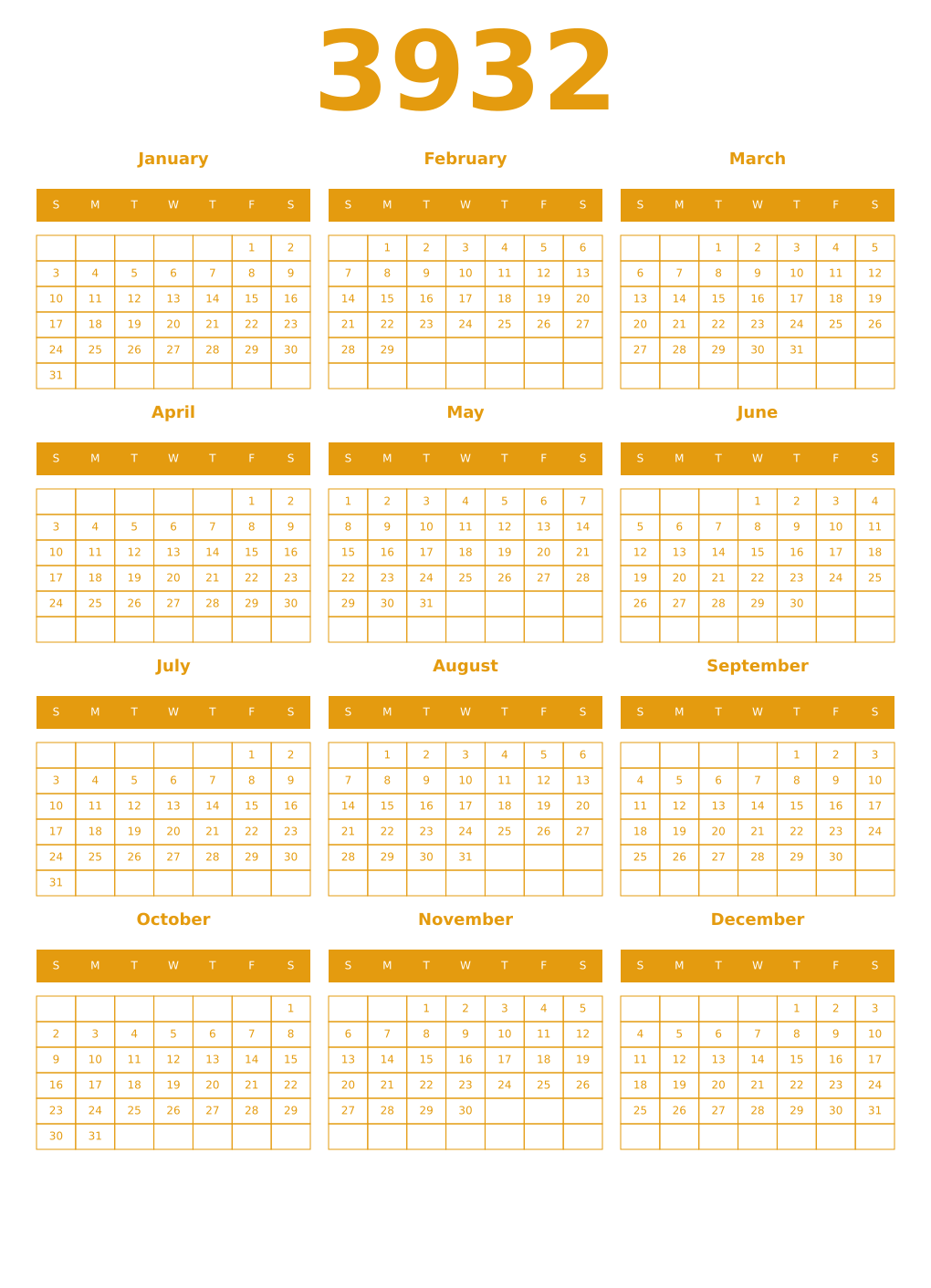 Printable 3932 Year Calendars gamboge