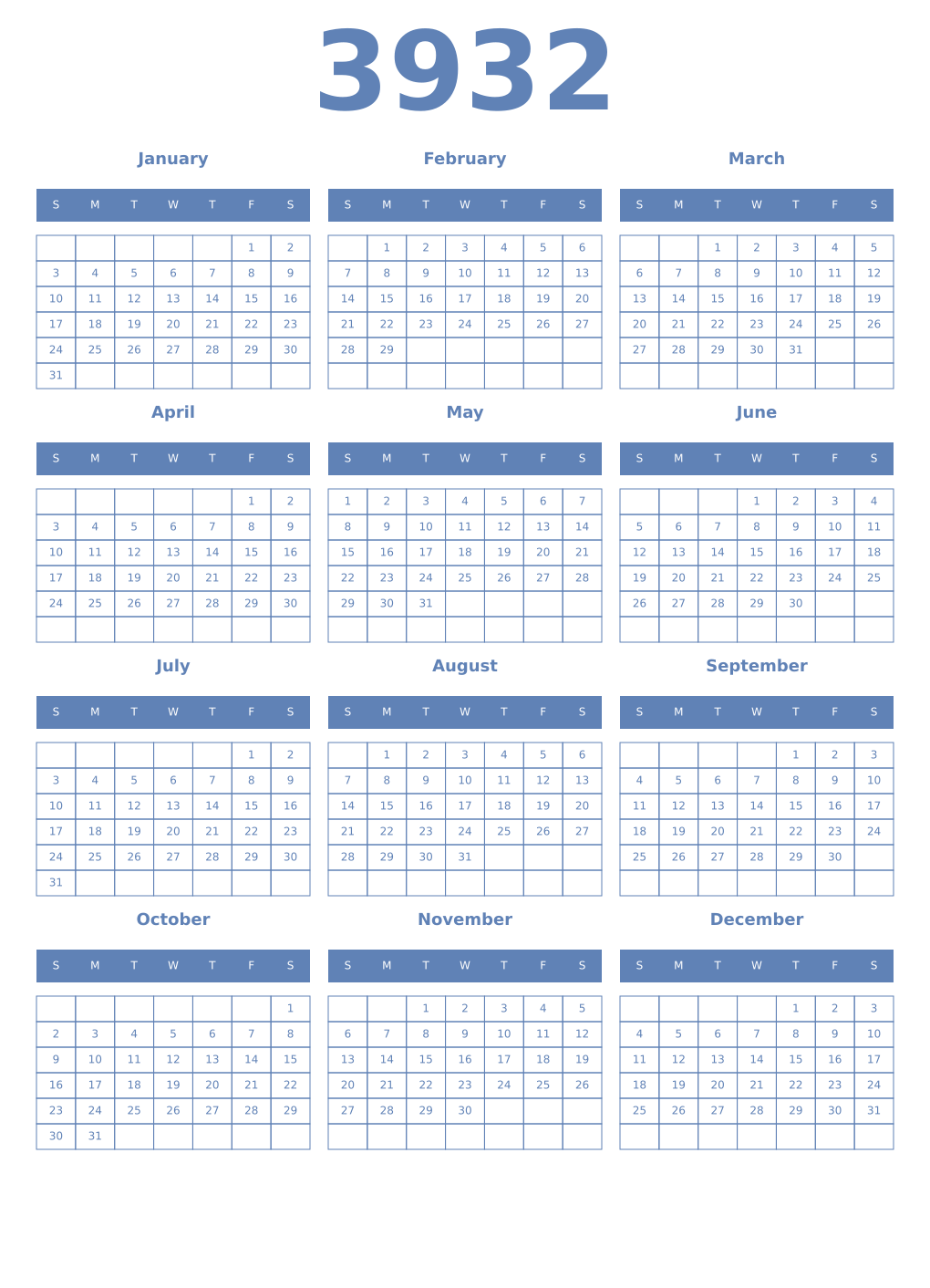 Printable 3932 Year Calendars glaucous