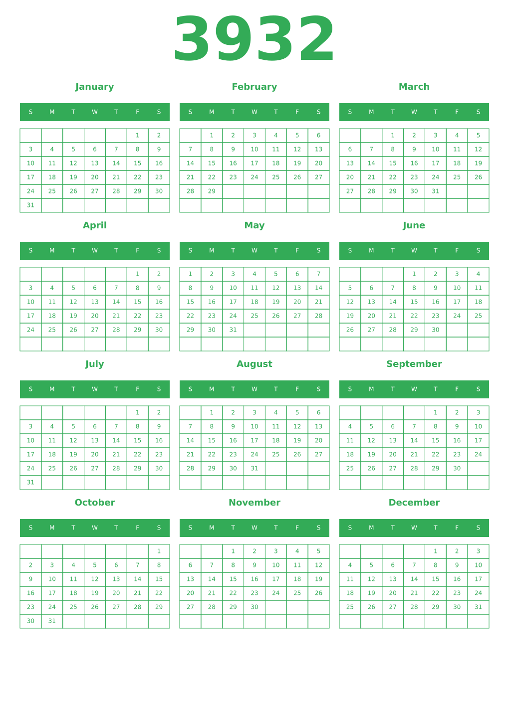 Printable 3932 Year Calendars green