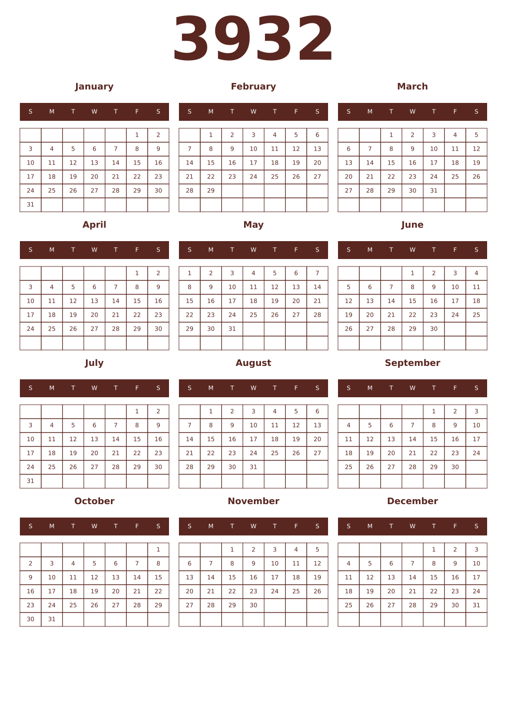 Printable 3932 Year Calendars mortuum