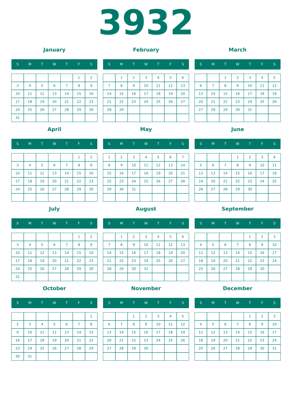 Printable 3932 Year Calendars pastel