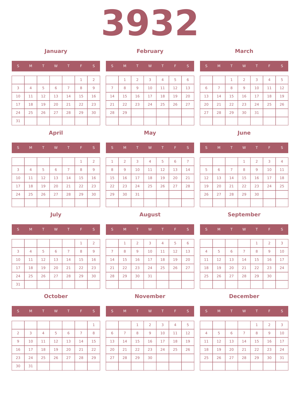 Printable 3932 Year Calendars puce