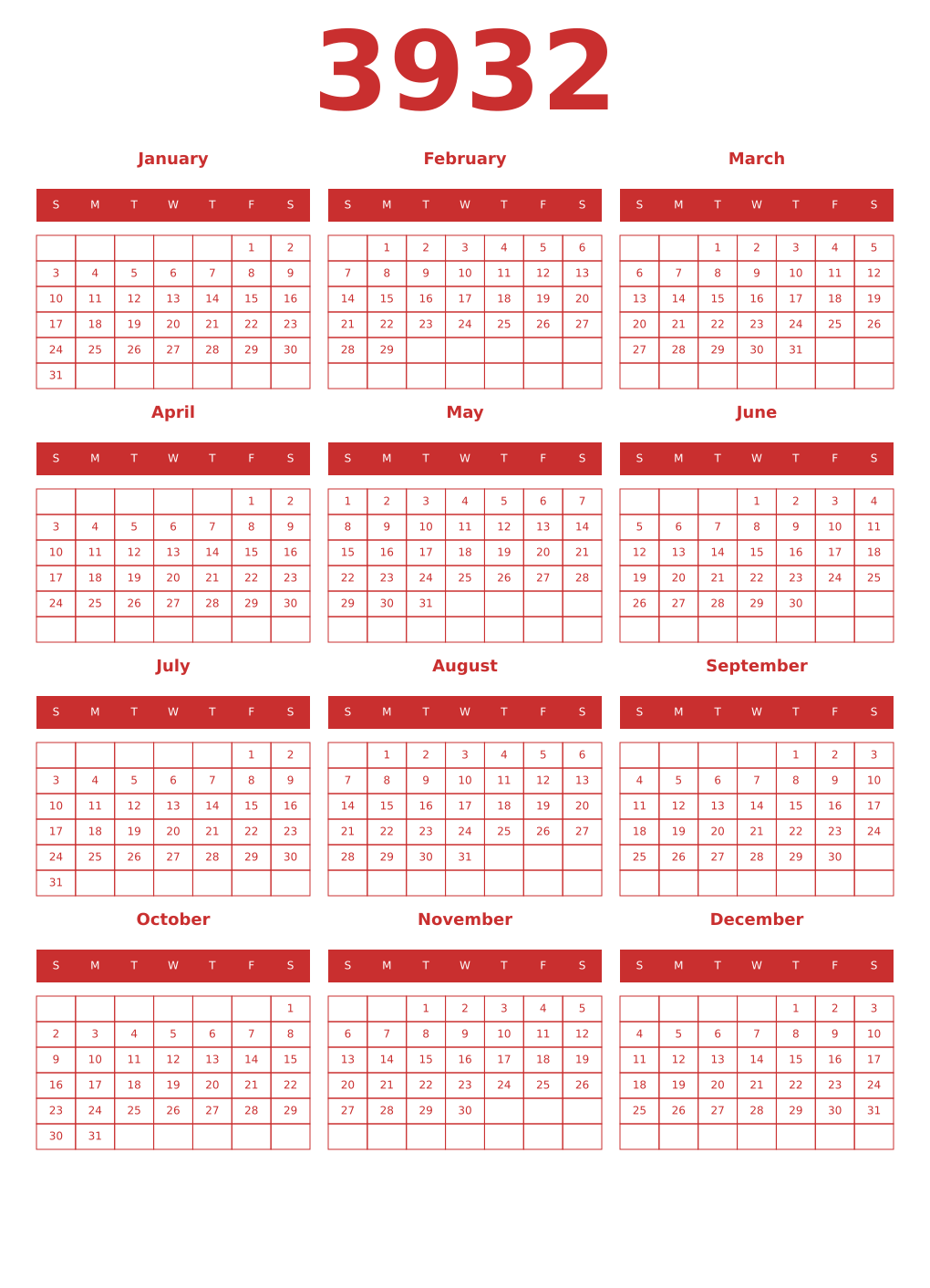 Printable 3932 Year Calendars red